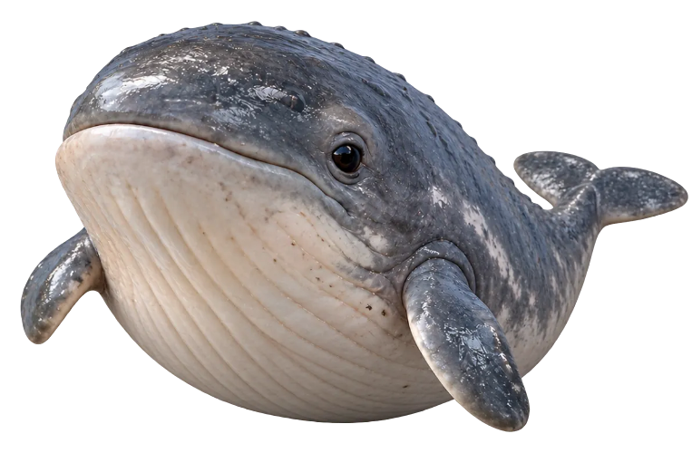 Pocket Whale, a small grey whale with a pale ridged belly, floating mid-turn