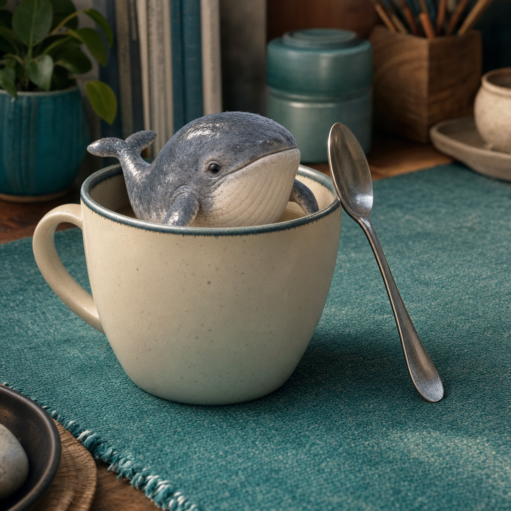 Pocket Whale sitting in a cream ceramic mug on a teal table runner beside a teaspoon
